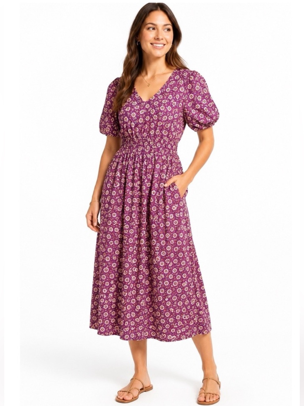 J. Crew Purple Floral V‑Neck Midi Dress
